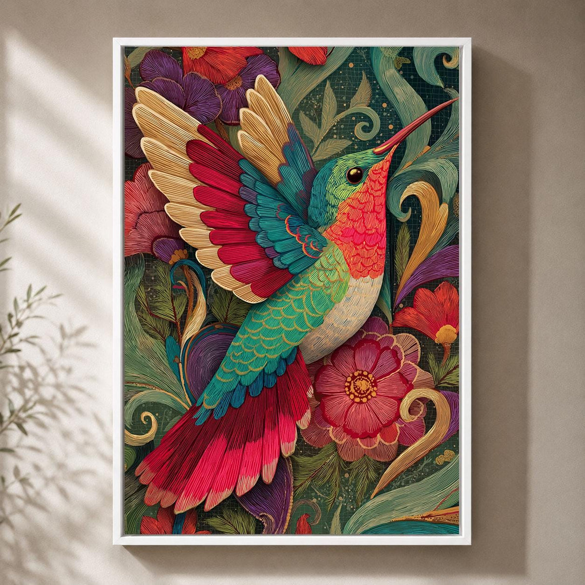 Hummingbird Colourful Floral Maximalist Folk Art Tropical Framed Canvas
