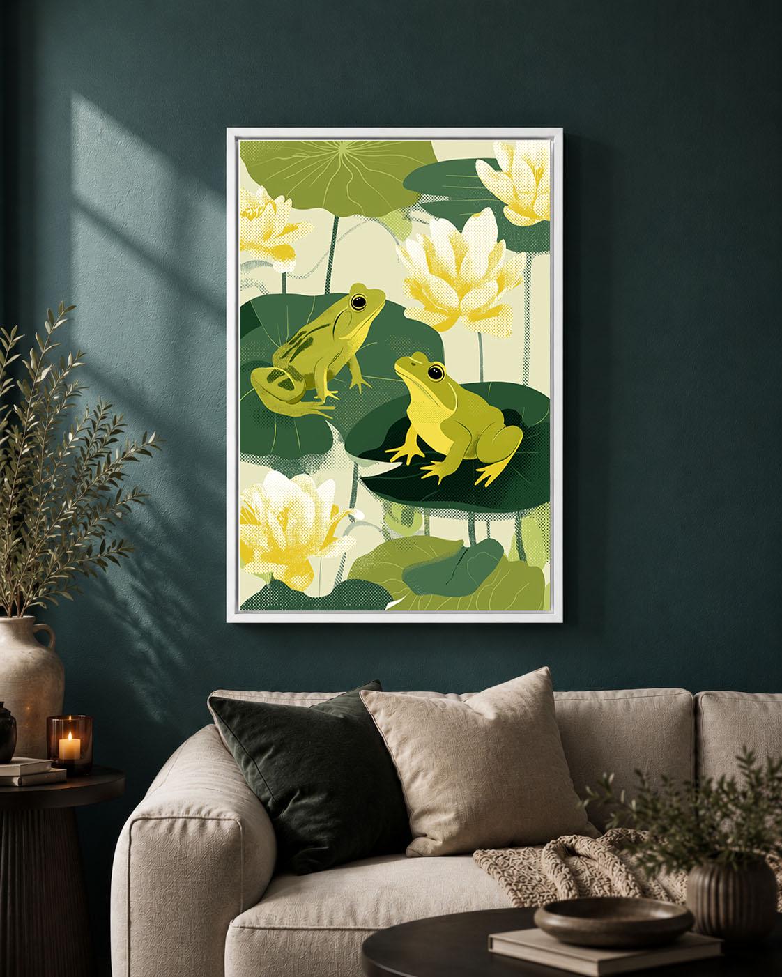 Green Frog Botanical Pond Retro Lily Pad Framed Option