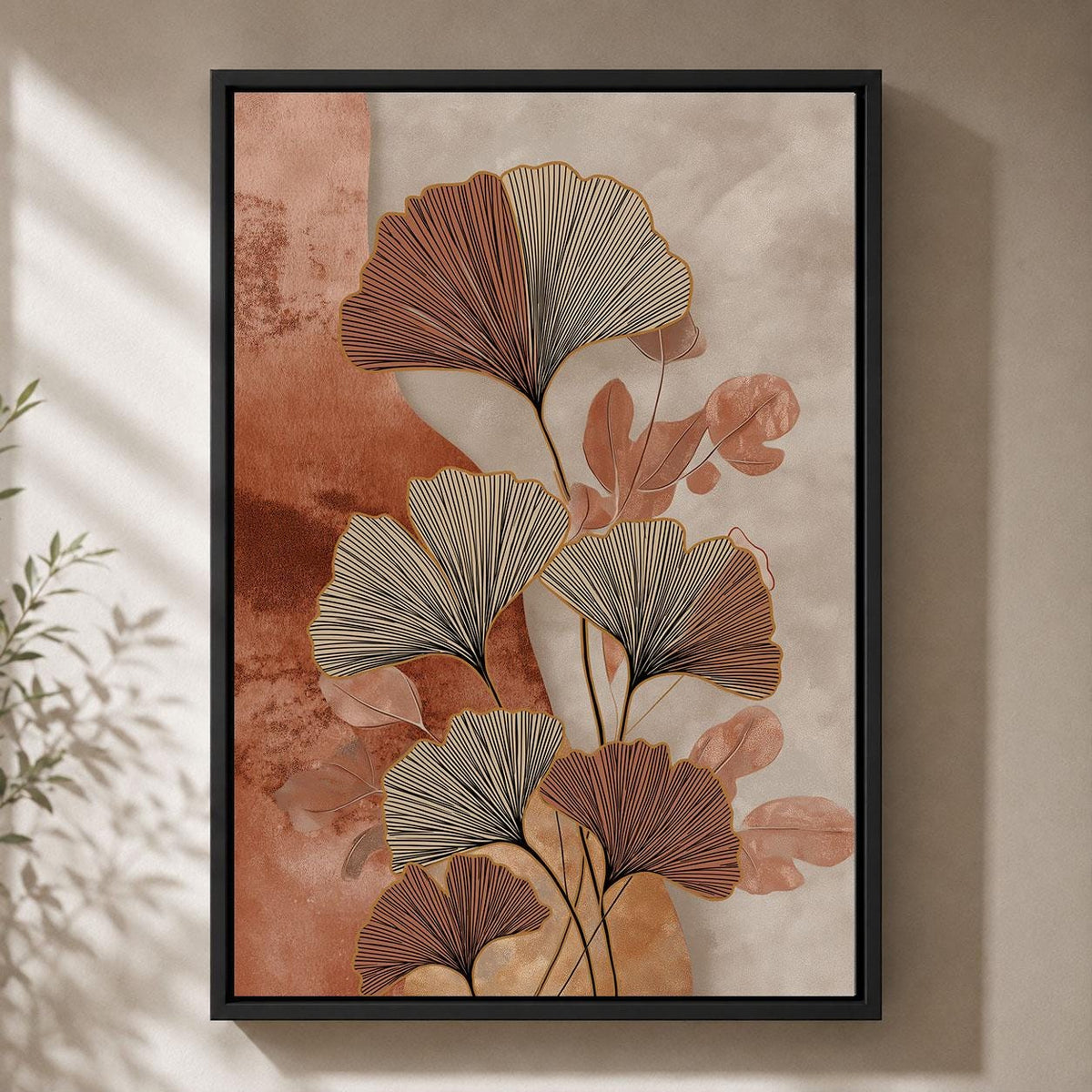 Ginkgo Leaf Terracotta & Beige Modern Boho Framed Canvas
