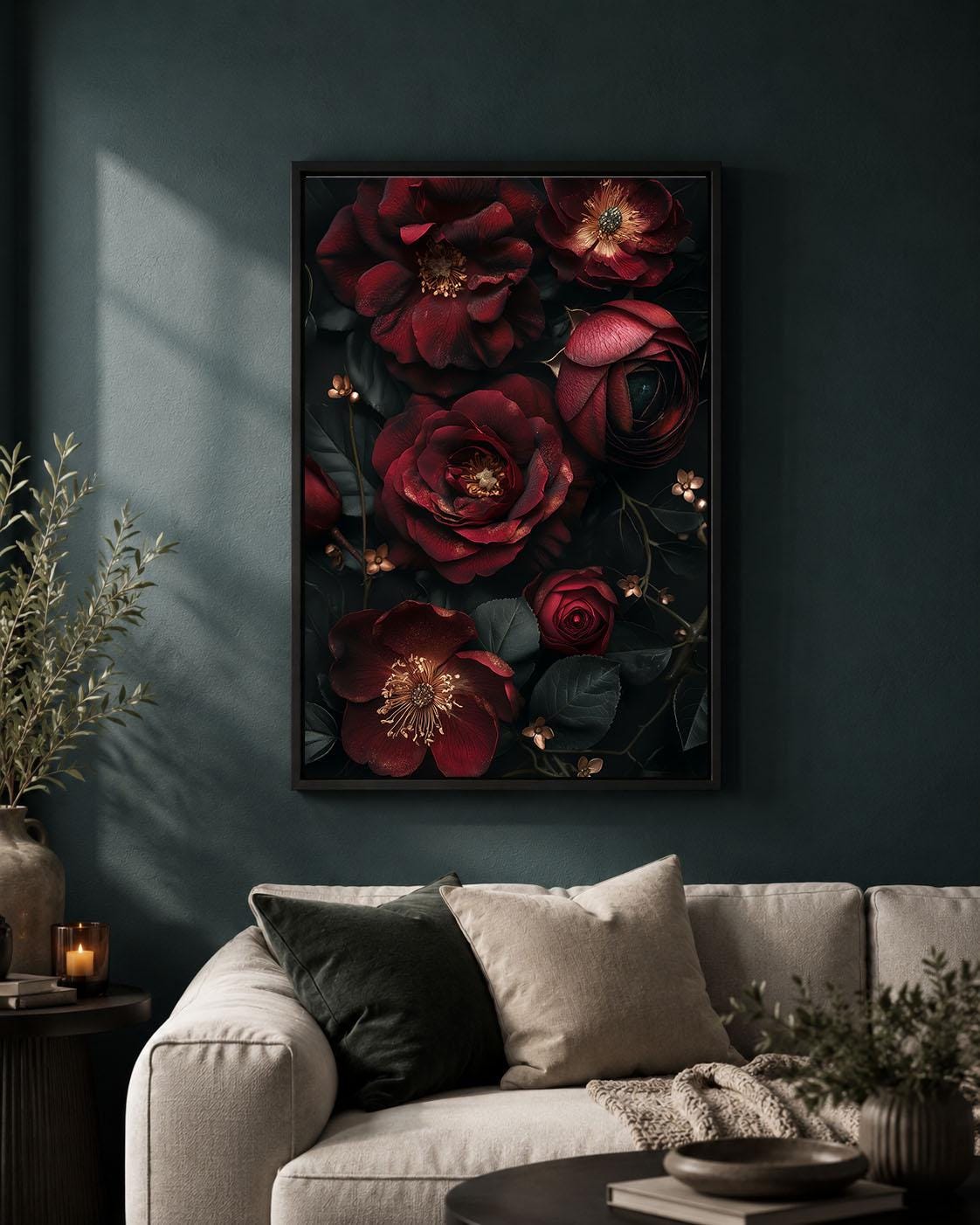 Dark Floral Burgundy Rose Gothic Moody Botanical Dark Academia Framed Canvas