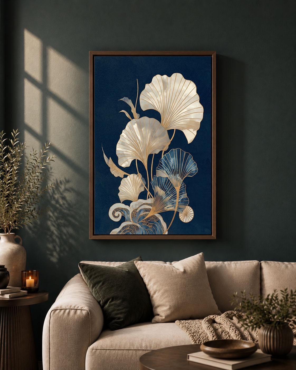 Japanese Ginkgo Navy Blue & Gold Botanical Art Deco Inspired Leaf Framed Canvas