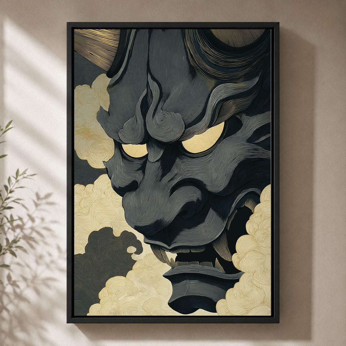 Japanese Oni Mask Black & Gold Demon Gothic Folklore Framed Canvas
