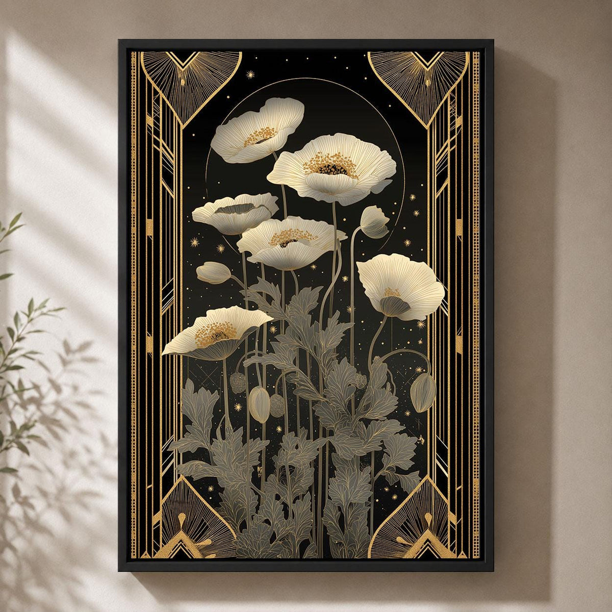 Art Deco Poppy Framed Canvas, Black Gold Floral Wall Art, Elegant Wildflower Print, Botanical Bedroom Decor, Glamour Wall Art