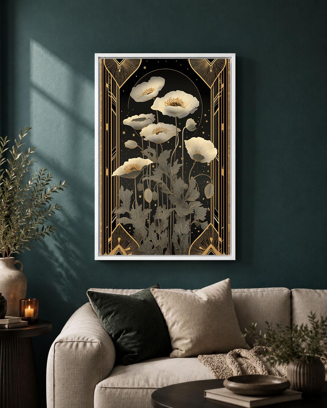 Art Deco Poppy Framed Canvas, Black Gold Floral Wall Art, Elegant Wildflower Print, Botanical Bedroom Decor, Glamour Wall Art