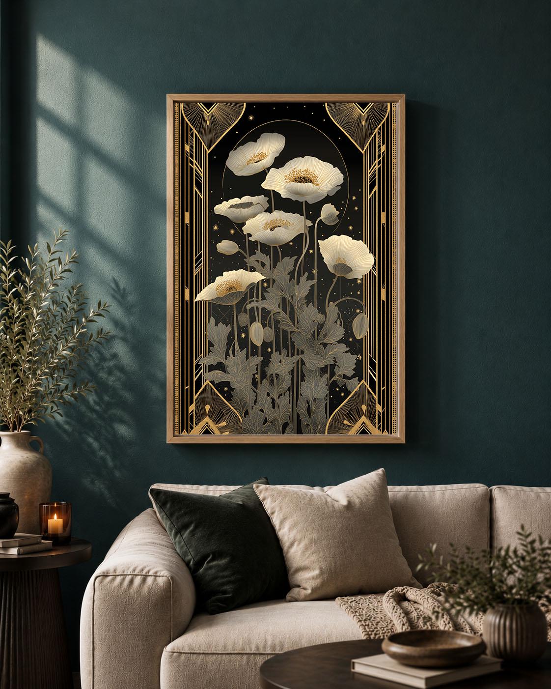 Art Deco Poppy Framed Canvas, Black Gold Floral Wall Art, Elegant Wildflower Print, Botanical Bedroom Decor, Glamour Wall Art