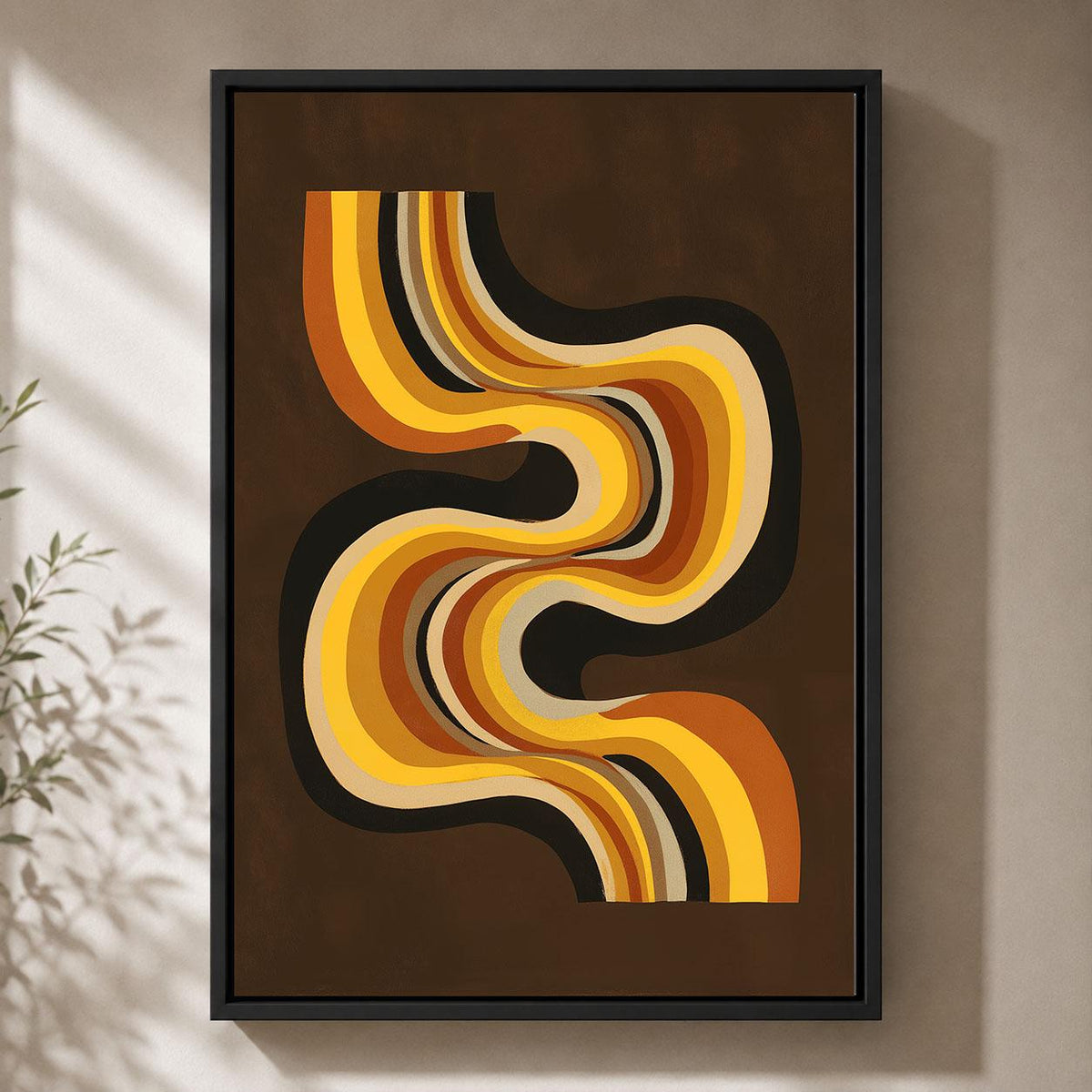 Retro Abstract Framed Canvas, Brown Orange Geometric Wall Art, Mid Century Modern Curved Line Artwork, 70s Home Decor