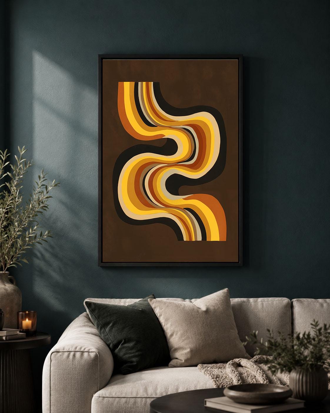 Retro Abstract Framed Canvas, Brown Orange Geometric Wall Art, Mid Century Modern Curved Line Artwork, 70s Home Decor