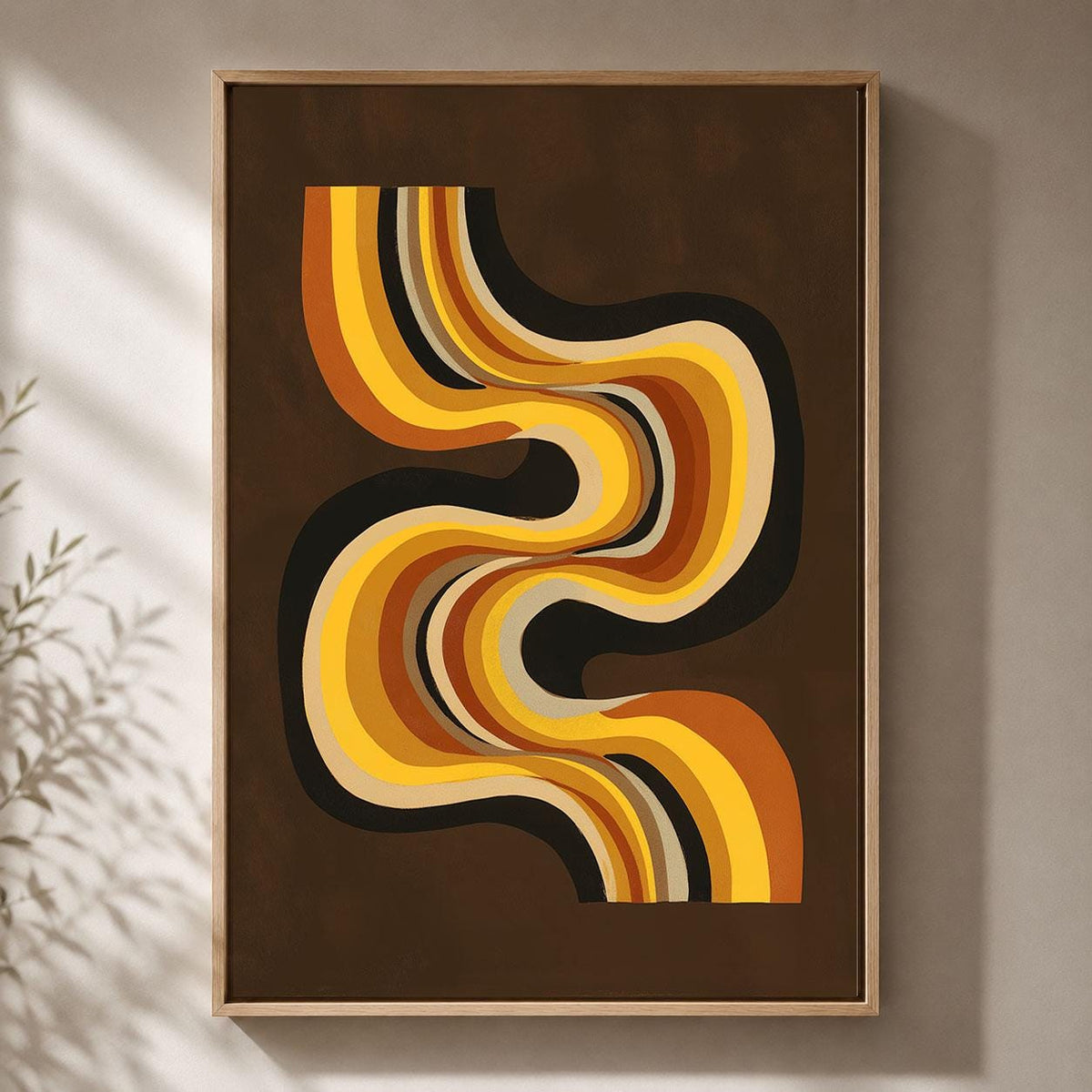Retro Abstract Framed Canvas, Brown Orange Geometric Wall Art, Mid Century Modern Curved Line Artwork, 70s Home Decor