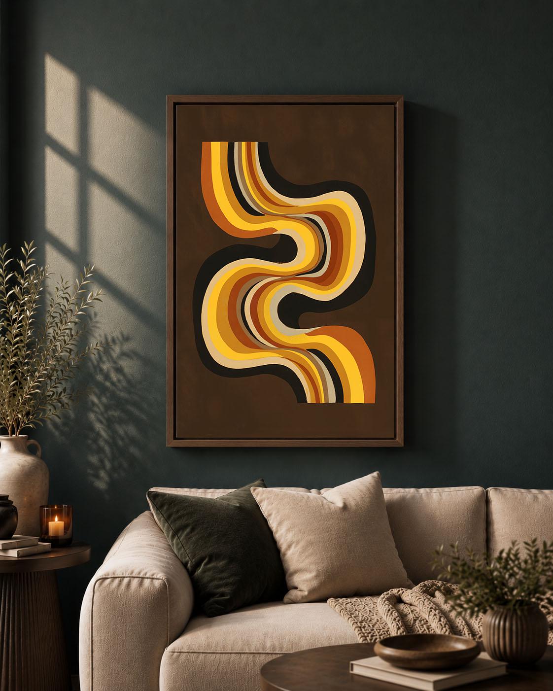 Retro Abstract Framed Canvas, Brown Orange Geometric Wall Art, Mid Century Modern Curved Line Artwork, 70s Home Decor