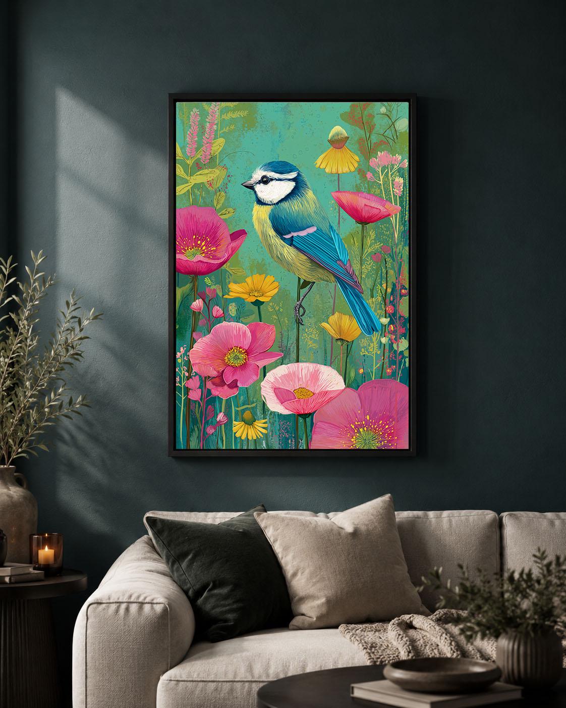 Blue Tit Framed Canvas, Colourful British Bird Wall Art, Floral Garden Wildlife Artwork, Pink Botanical Maximalist Decor
