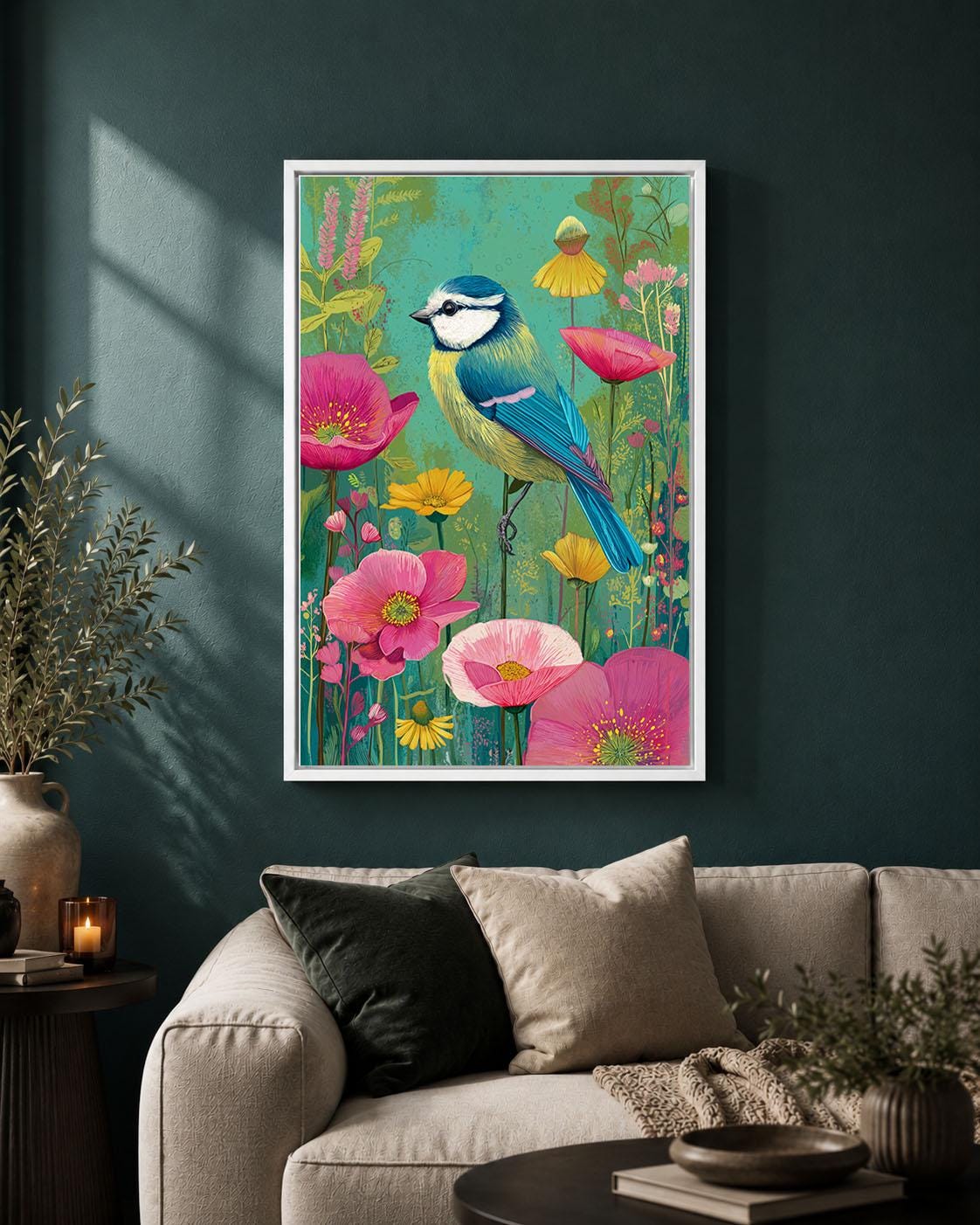 Blue Tit Framed Canvas, Colourful British Bird Wall Art, Floral Garden Wildlife Artwork, Pink Botanical Maximalist Decor