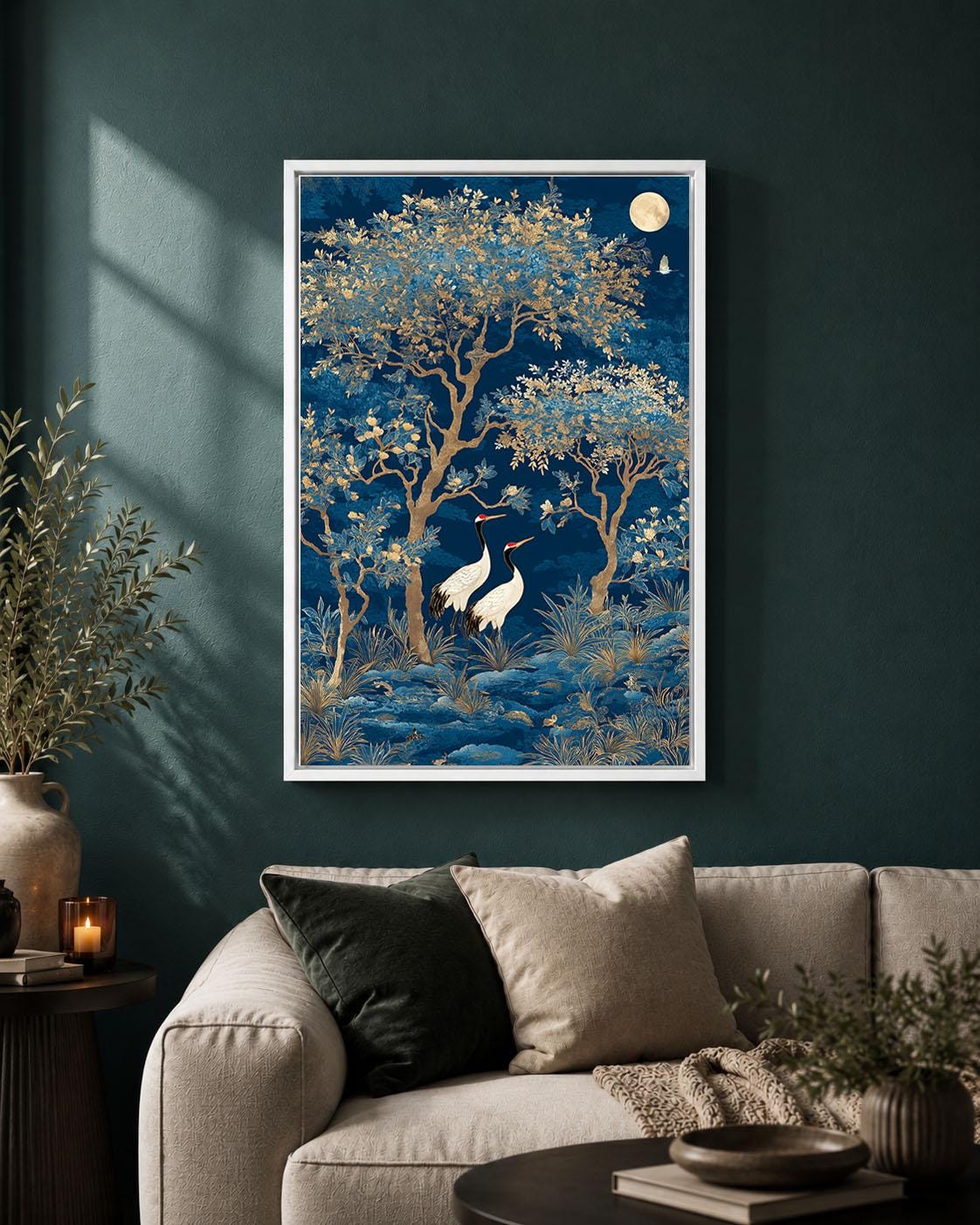 Blue Chinoiserie Crane Blossom Tree Framed Canvas Art, Asian Botanical Framed Decor