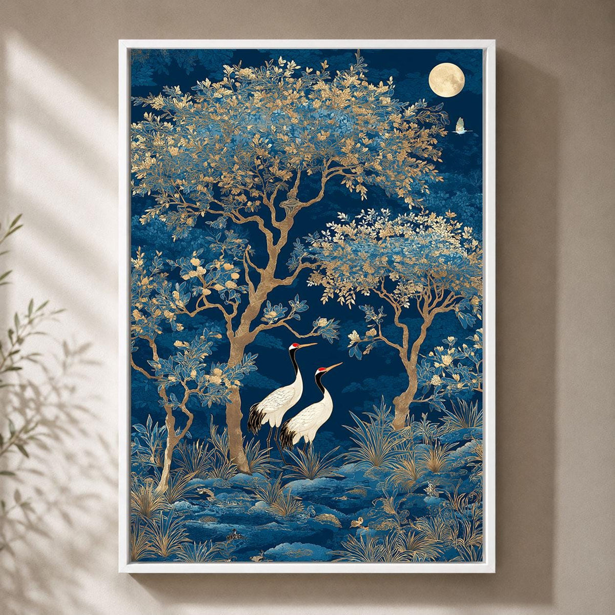 Blue Chinoiserie Crane Blossom Tree Framed Canvas Art, Asian Botanical Framed Decor