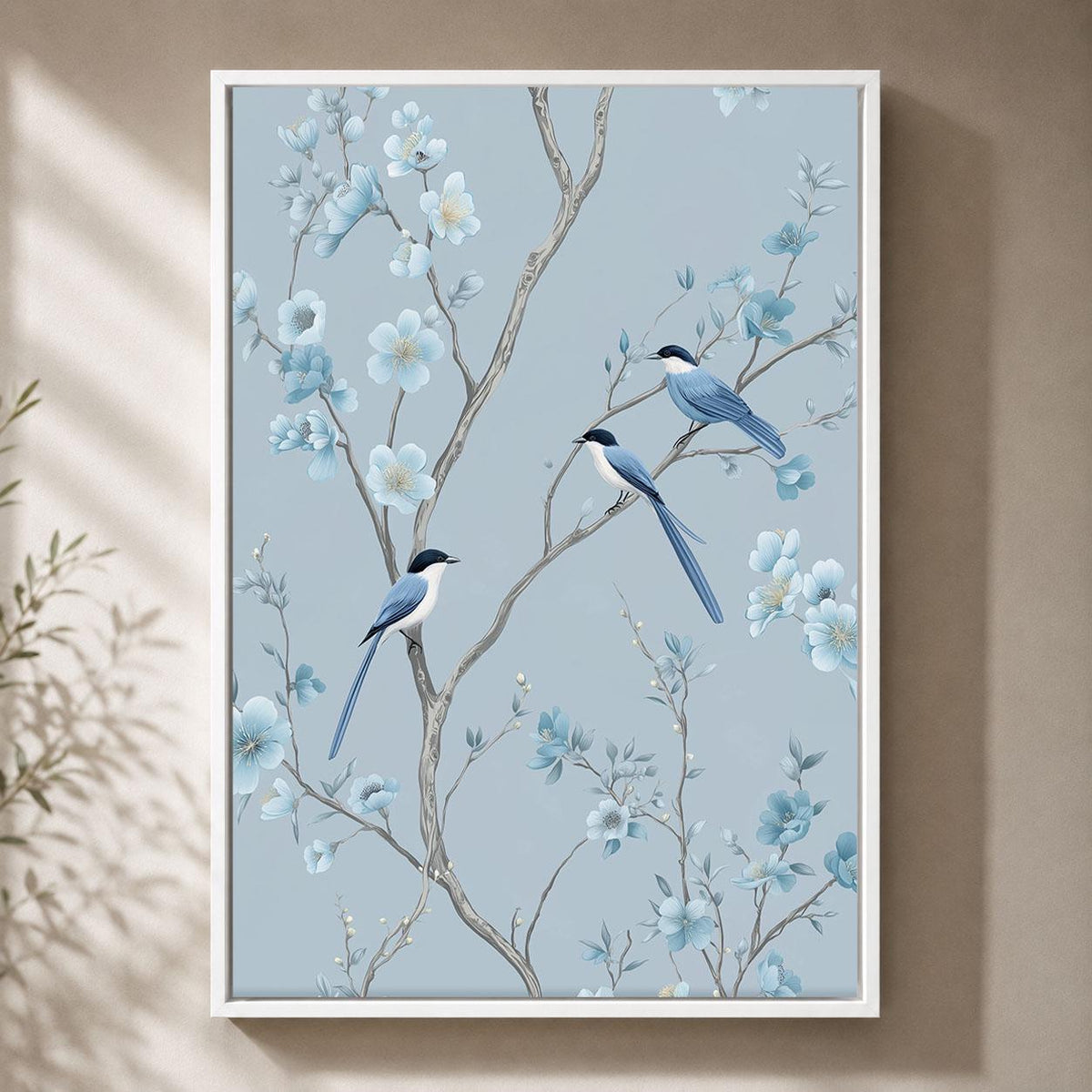 Blue Chinoiserie Framed Canvas, Floral Bird Wall Art, Elegant Blossom Botanical Artwork, Pale Blue Oriental Home Decor