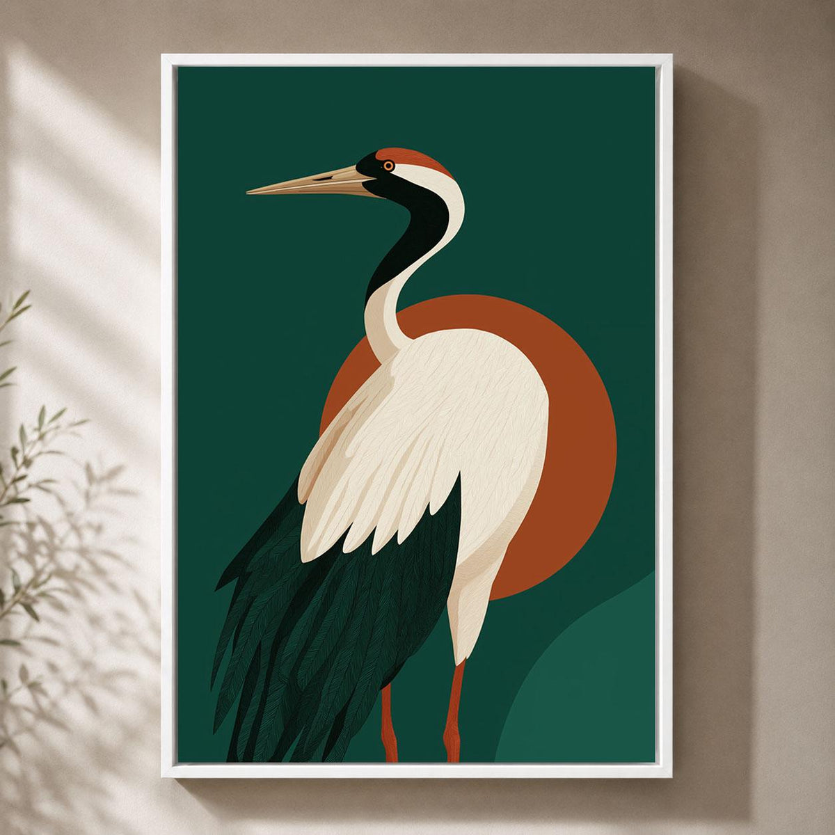 Crane Framed Canvas, Mid Century Modern Bird Wall Art, Green and Rust Wildlife Artwork, Retro Nature-Inspired Home Decor