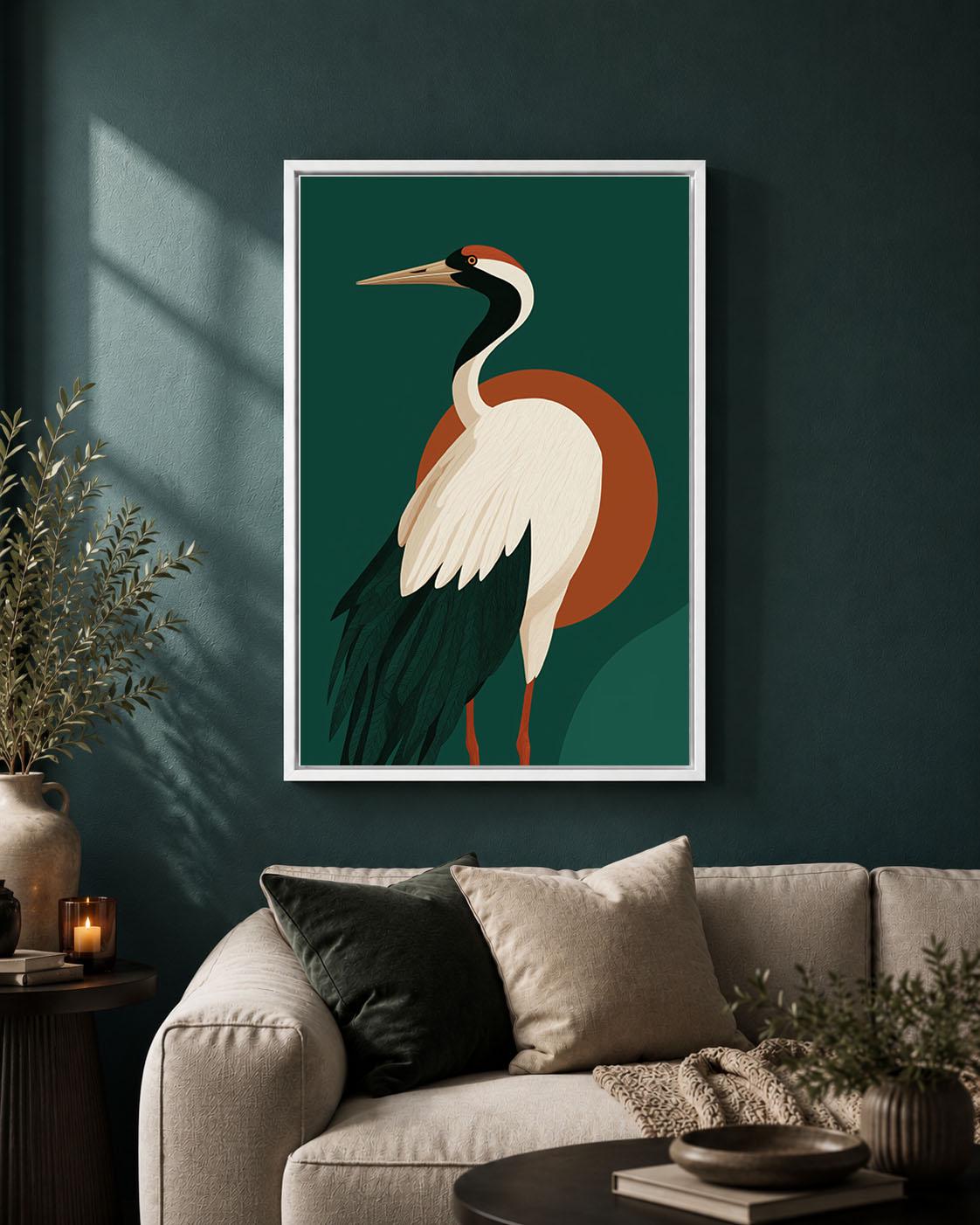 Crane Framed Canvas, Mid Century Modern Bird Wall Art, Green and Rust Wildlife Artwork, Retro Nature-Inspired Home Decor