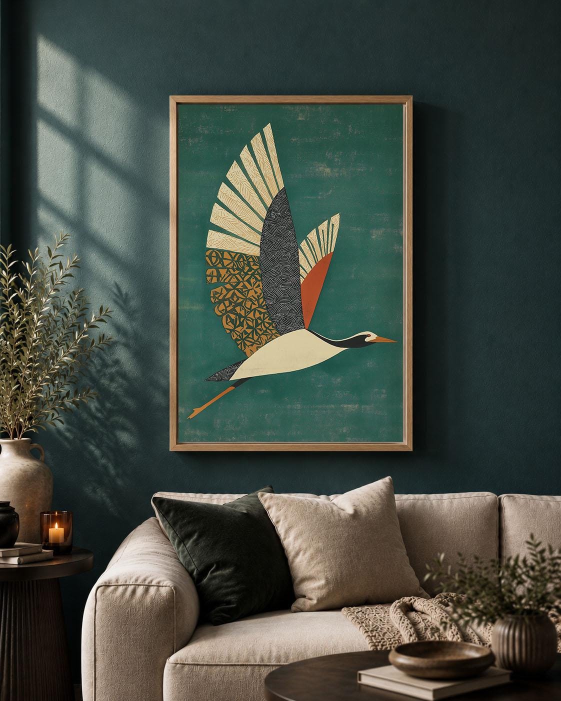 Flying Crane Framed Canvas, Mid Century Modern Bird Wall Art, Green Geometric Wildlife Artwork, Retro Nature Home Decor