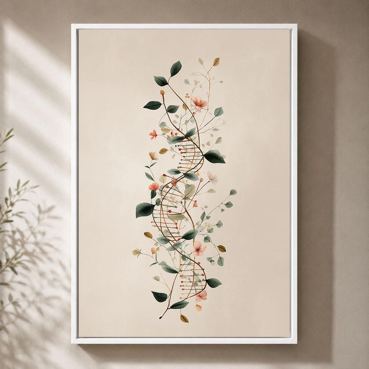 Floral DNA Framed Canvas, Genetics Science Wall Art, Botanical Double Helix Artwork, Biology Laboratory Decor, Geneticist Gift