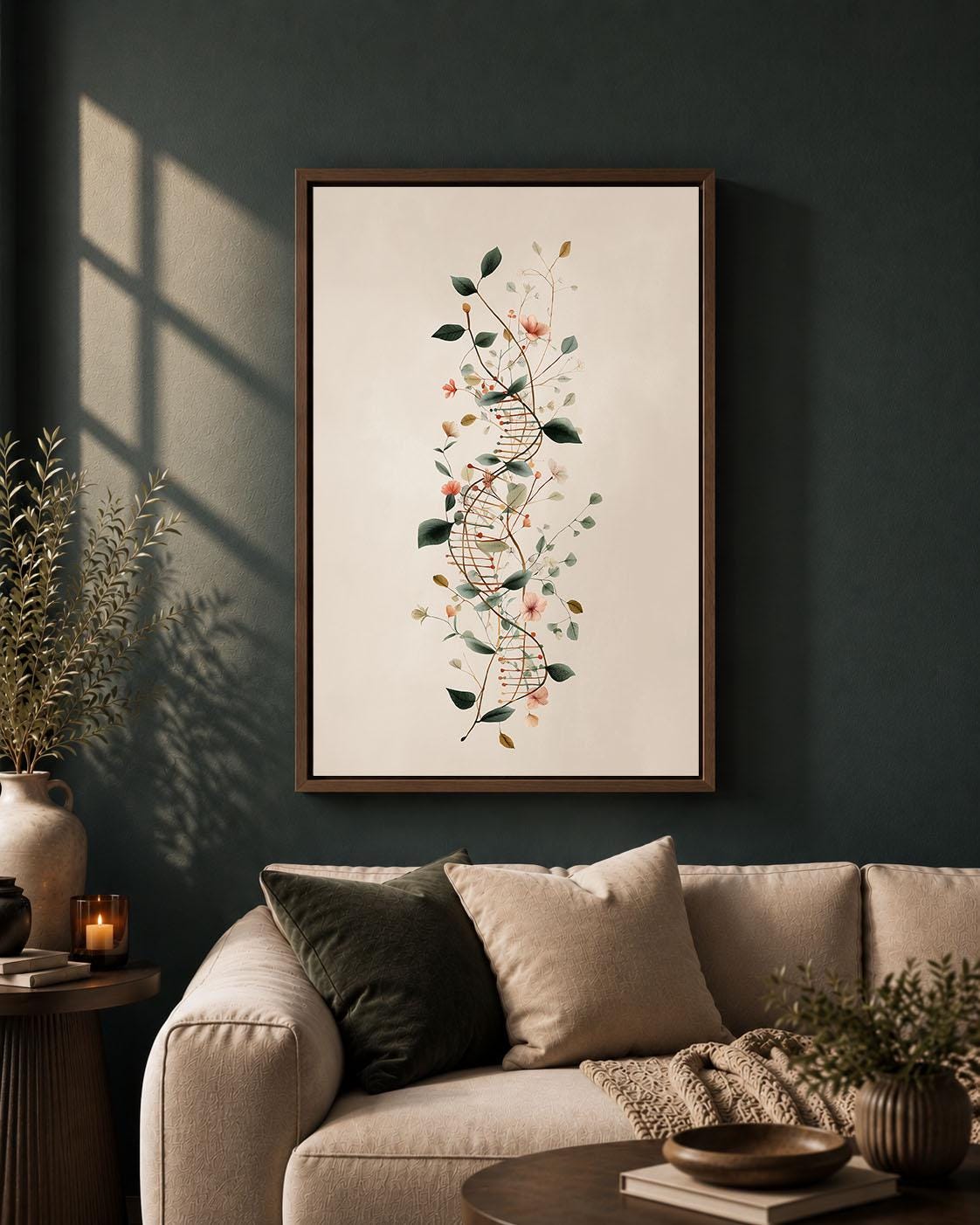 Floral DNA Framed Canvas, Genetics Science Wall Art, Botanical Double Helix Artwork, Biology Laboratory Decor, Geneticist Gift