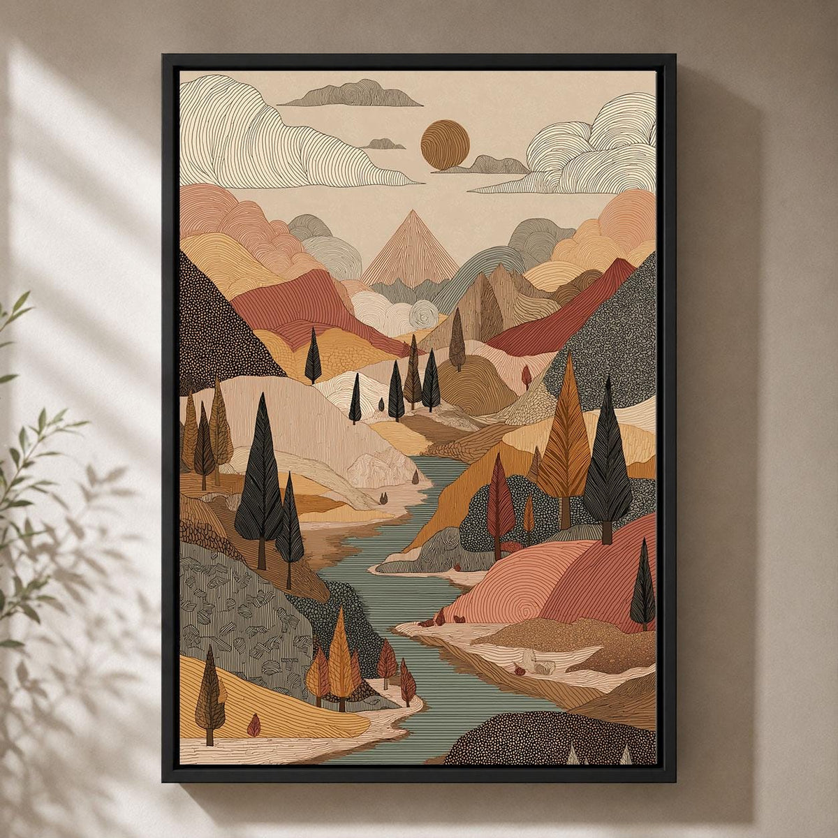 Folk Art Framed Canvas, Mountain Landscape Wall Art, Autumn River and Forest Artwork, Earthy Bohemian Nature Home Decor