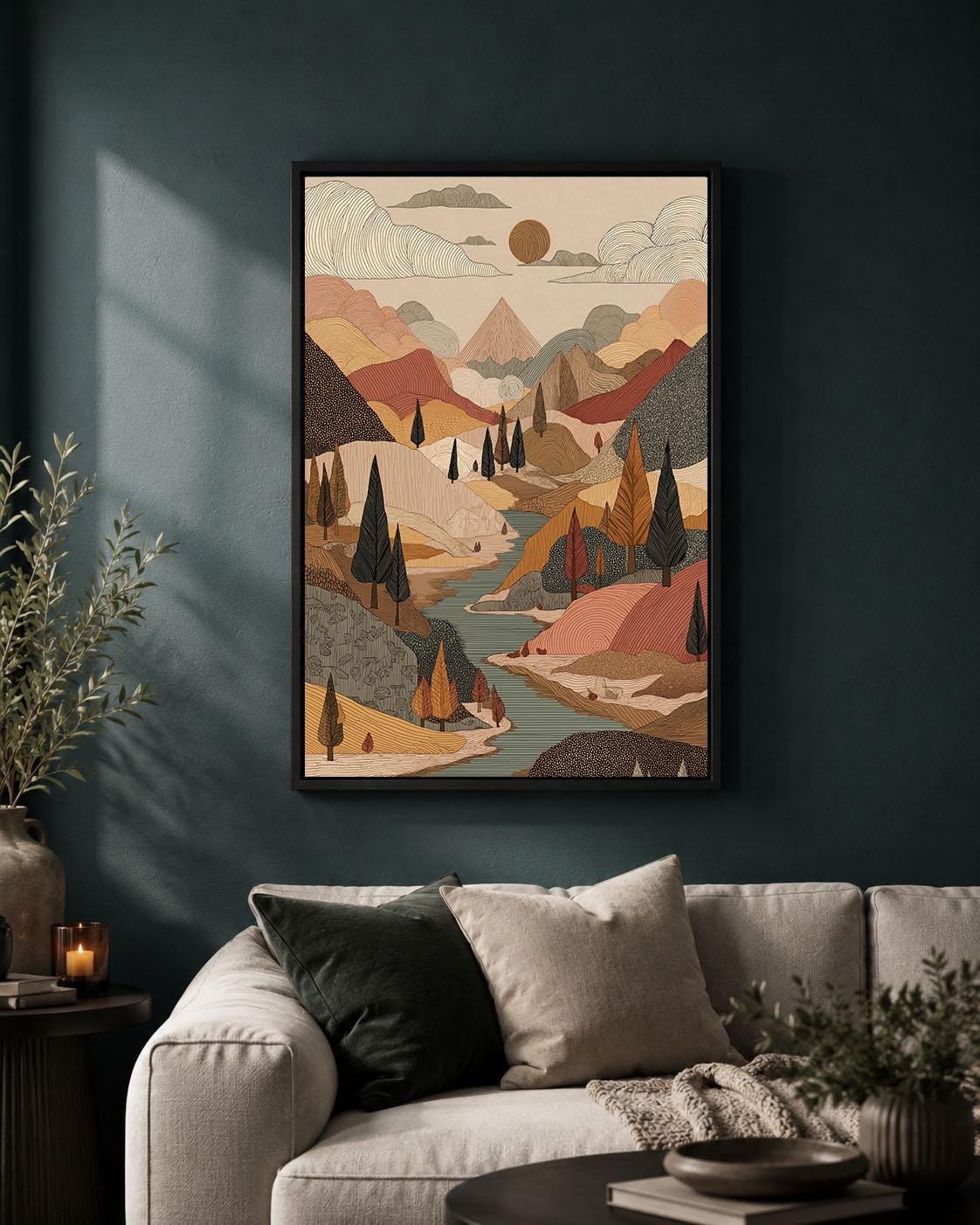Folk Art Framed Canvas, Mountain Landscape Wall Art, Autumn River and Forest Artwork, Earthy Bohemian Nature Home Decor