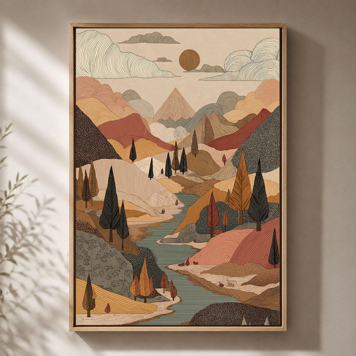 Folk Art Framed Canvas, Mountain Landscape Wall Art, Autumn River and Forest Artwork, Earthy Bohemian Nature Home Decor