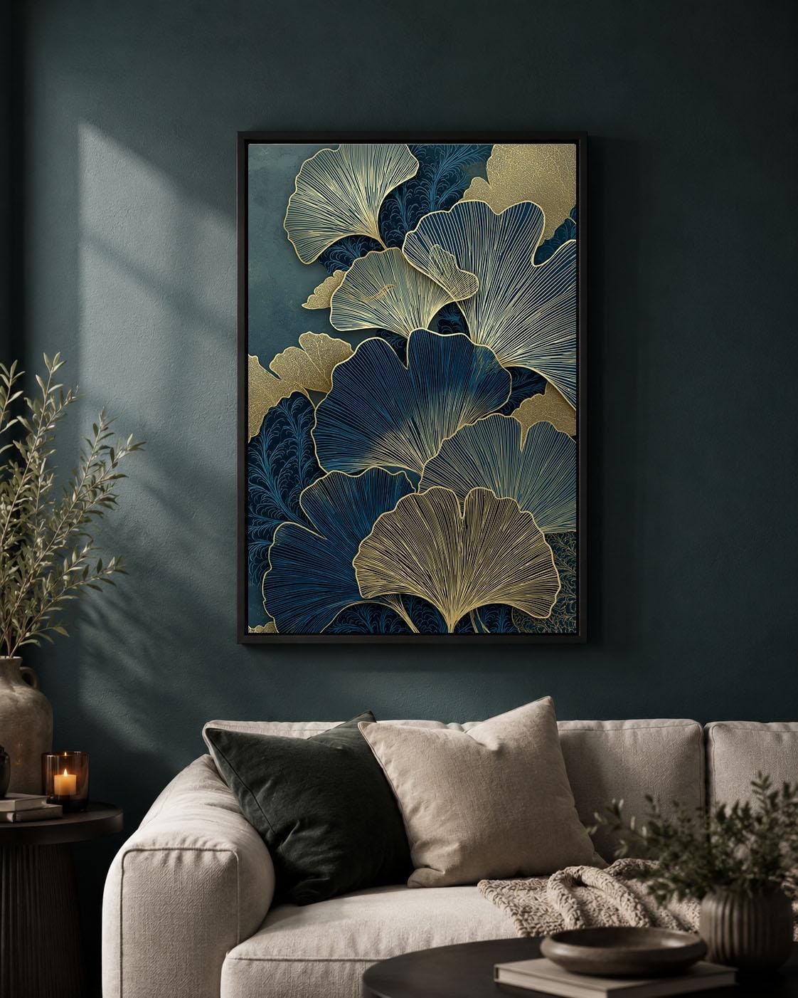 Blue and Gold Ginkgo Elegant Botanical Art Deco Leaf Framed Canvas