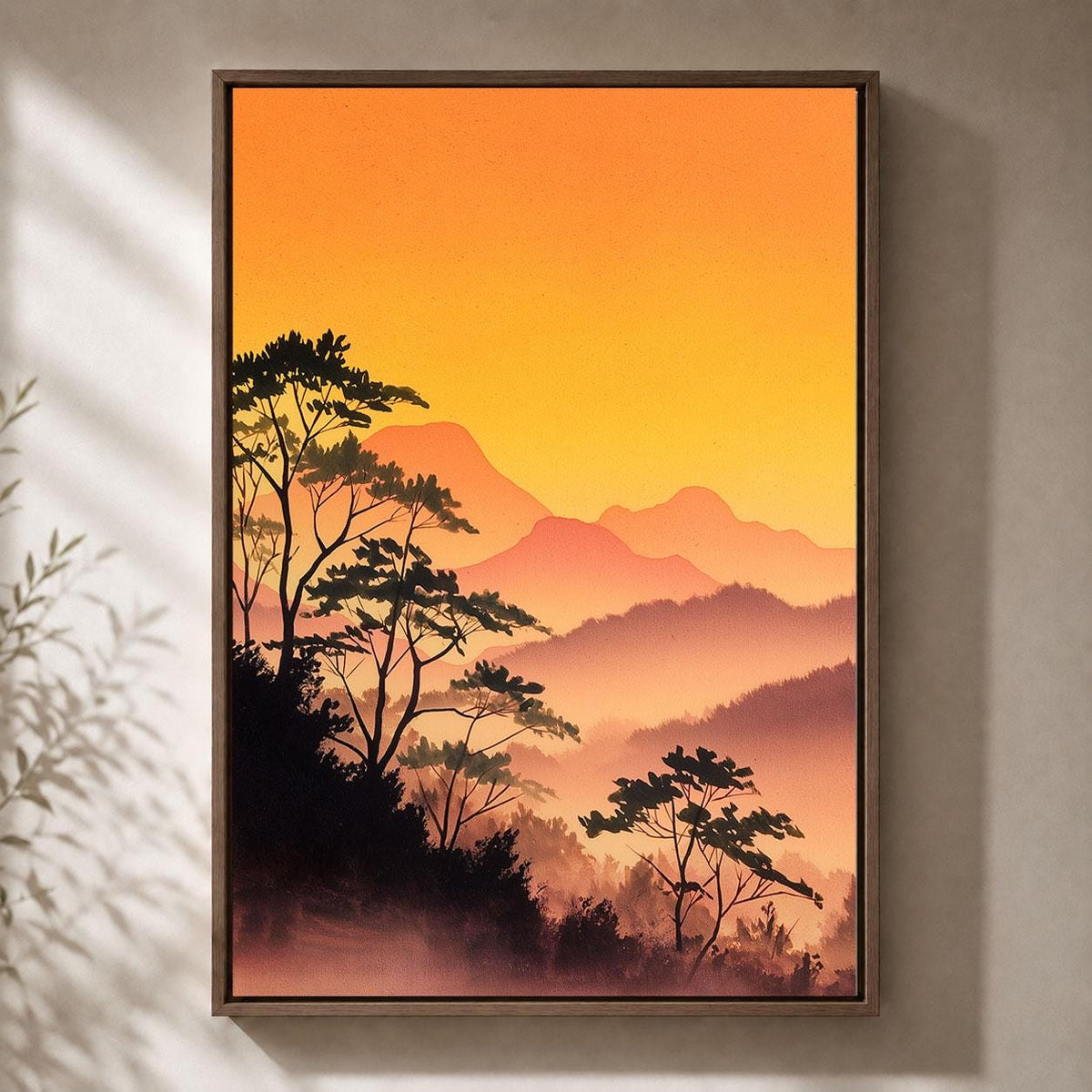 Japanese Landscape Orange Sunset Mountain Misty Forest Framed Canvas