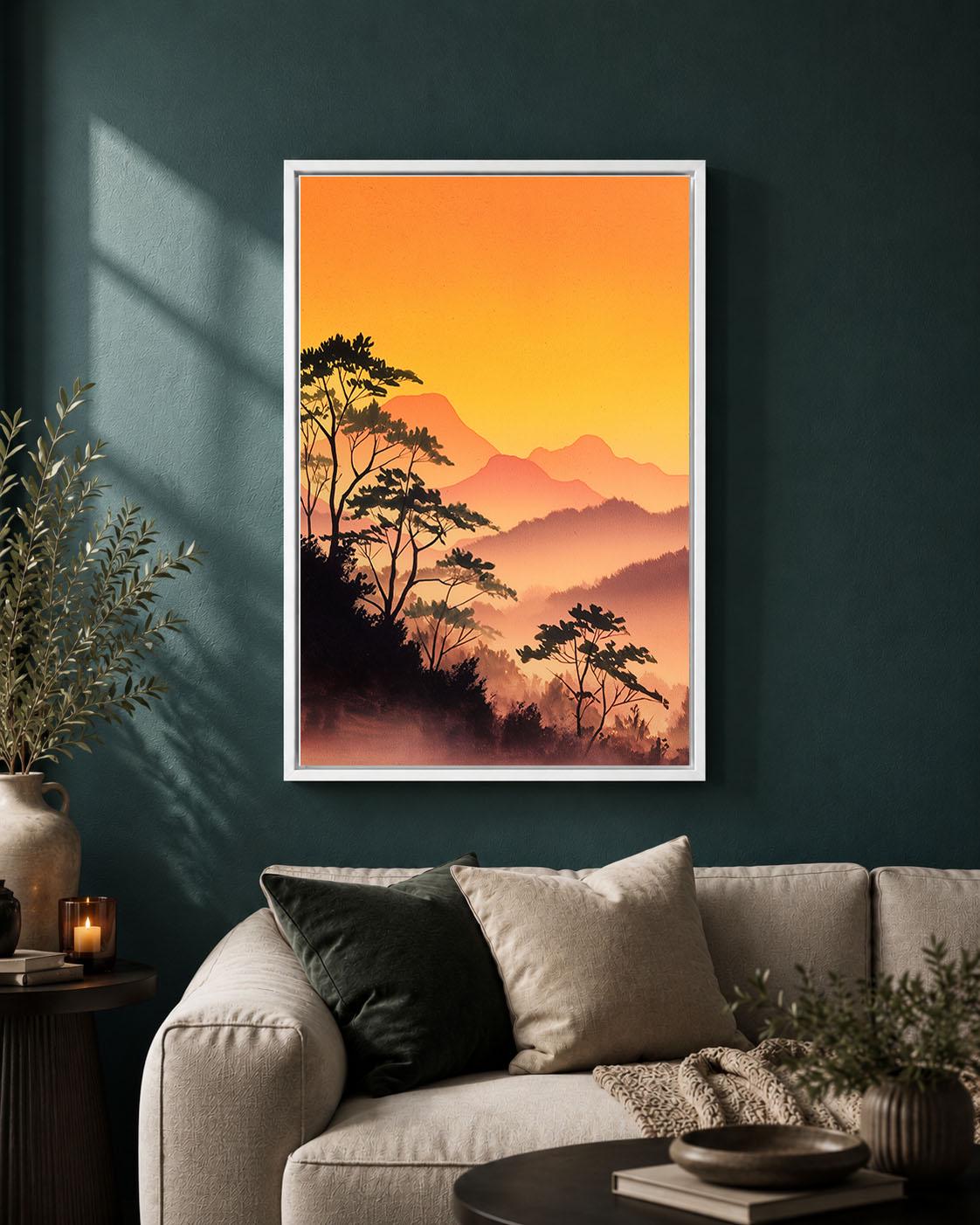 Japanese Landscape Orange Sunset Mountain Misty Forest Framed Canvas