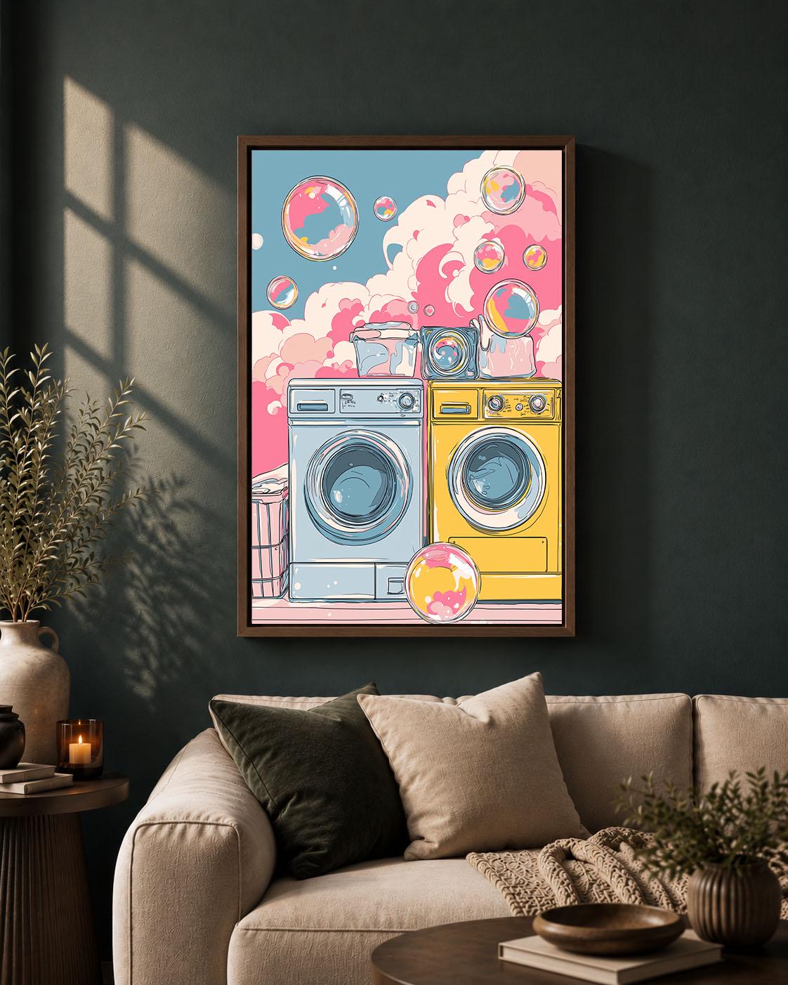 Colourful Laundry Room Pink & Blue Washing Machine Fun Retro Utility Room Framed Canvas