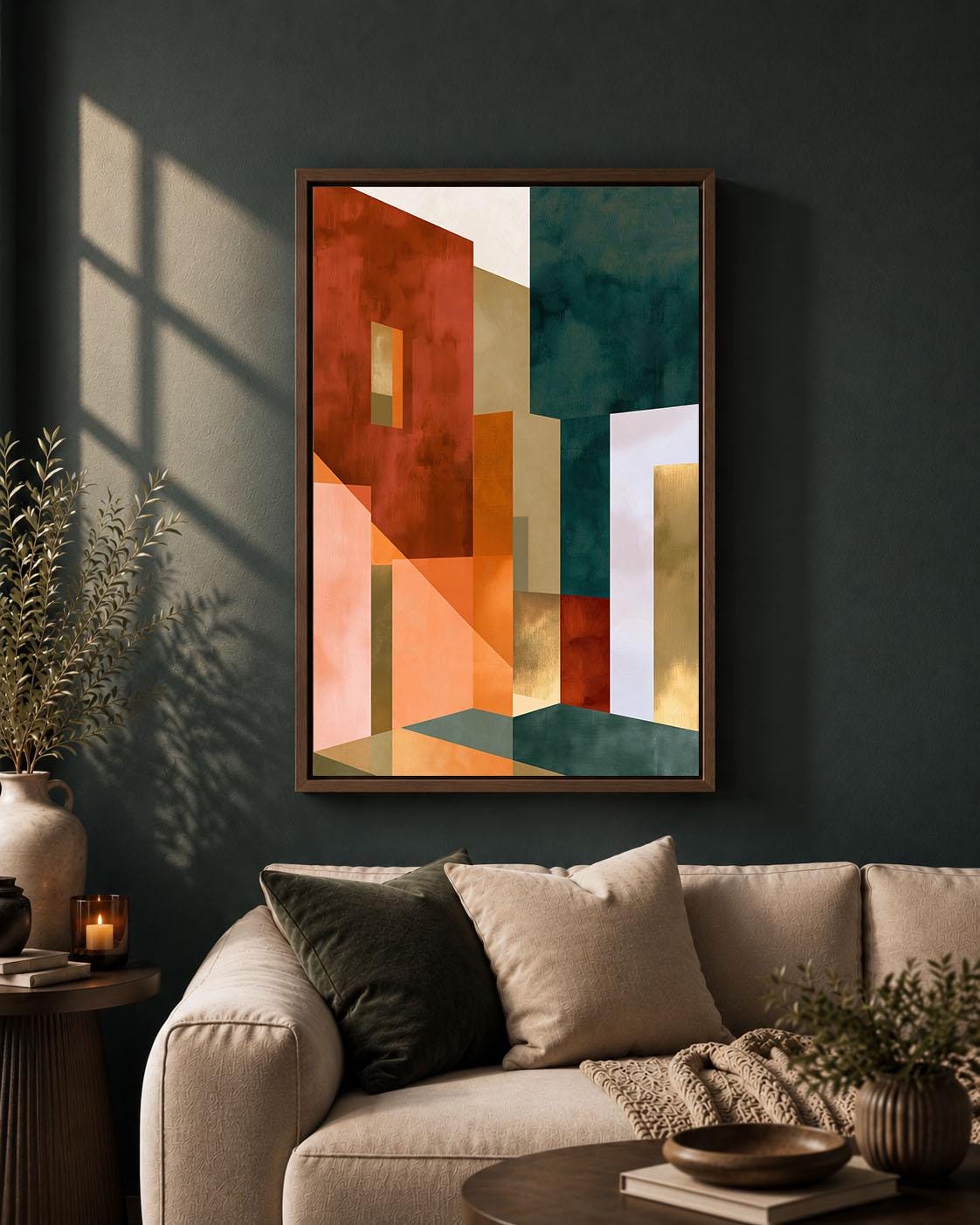Neo Deco Geometric Abstract Orange Green and Gold Framed Canvas