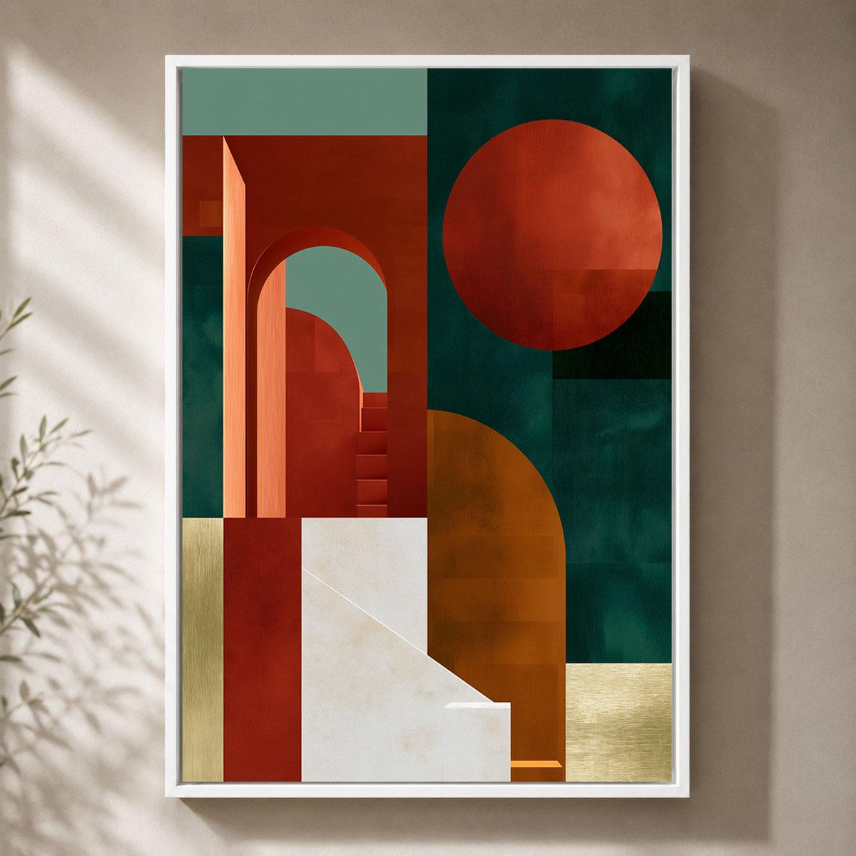 Neo Deco Geometric Arch Rust Orange and Green Abstract Framed Canvas