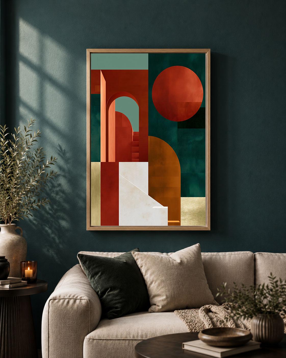 Neo Deco Geometric Arch Rust Orange and Green Abstract Framed Canvas