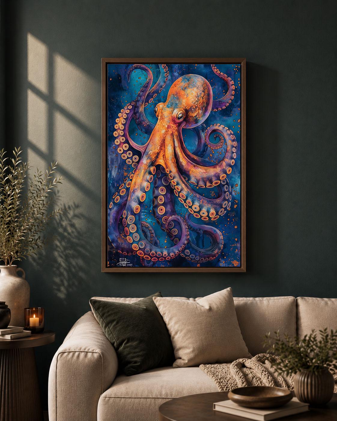 Colourful Octopus Blue & Orange Sea Life Maximalist Ocean Framed Canvas