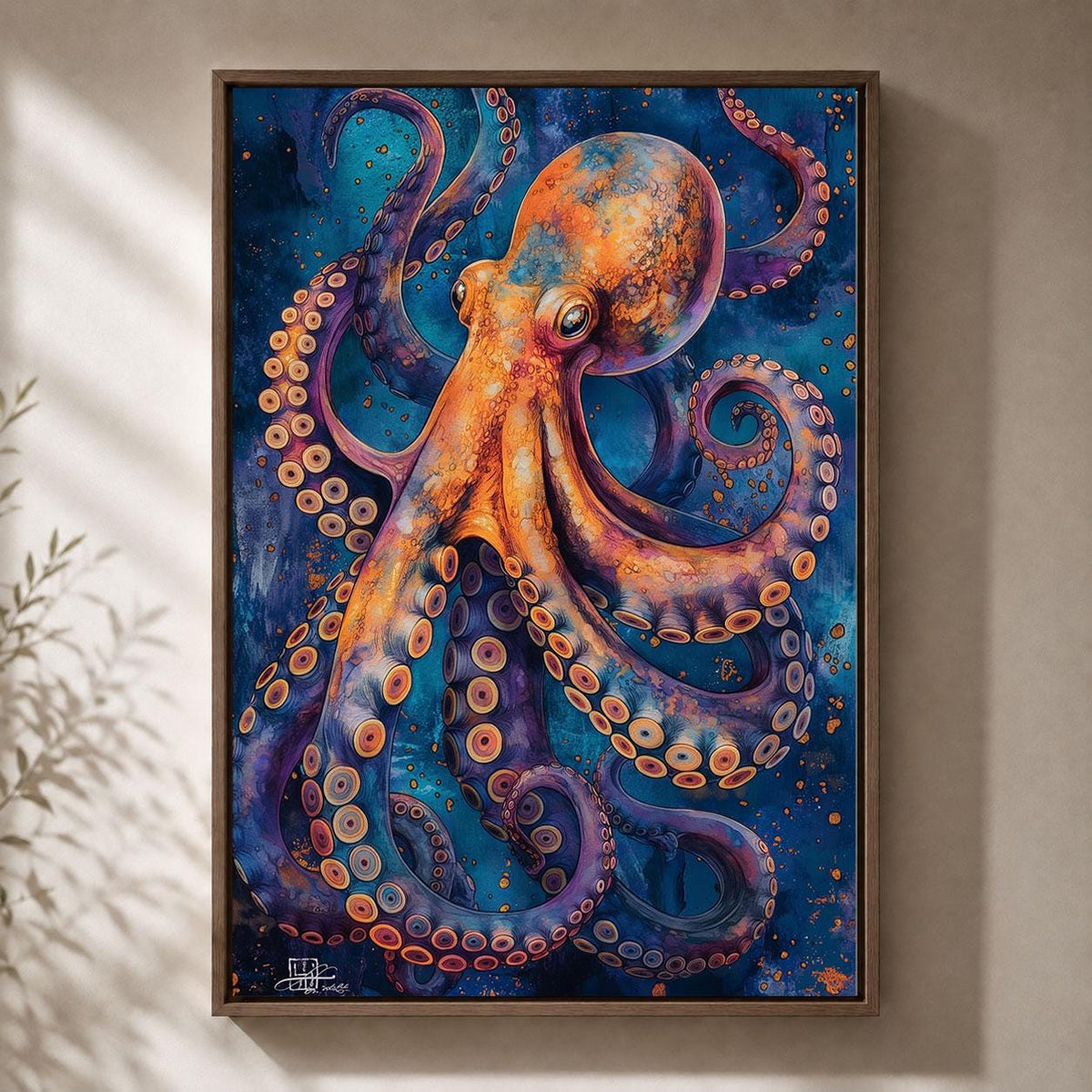 Colourful Octopus Blue & Orange Sea Life Maximalist Ocean Framed Canvas
