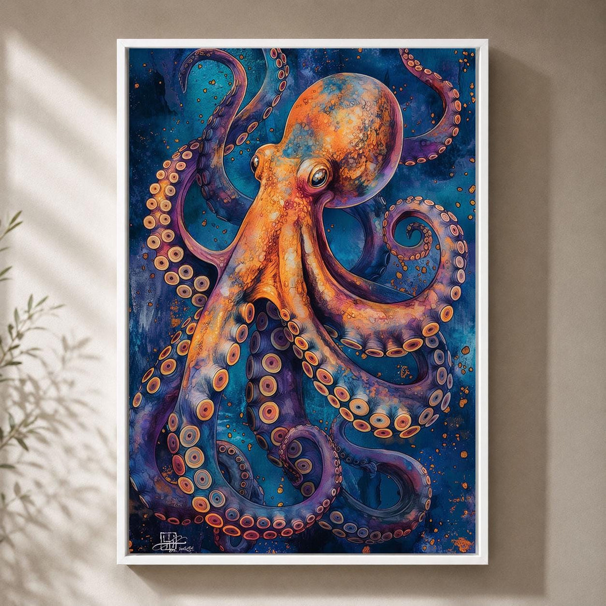 Colourful Octopus Blue & Orange Sea Life Maximalist Ocean Framed Canvas