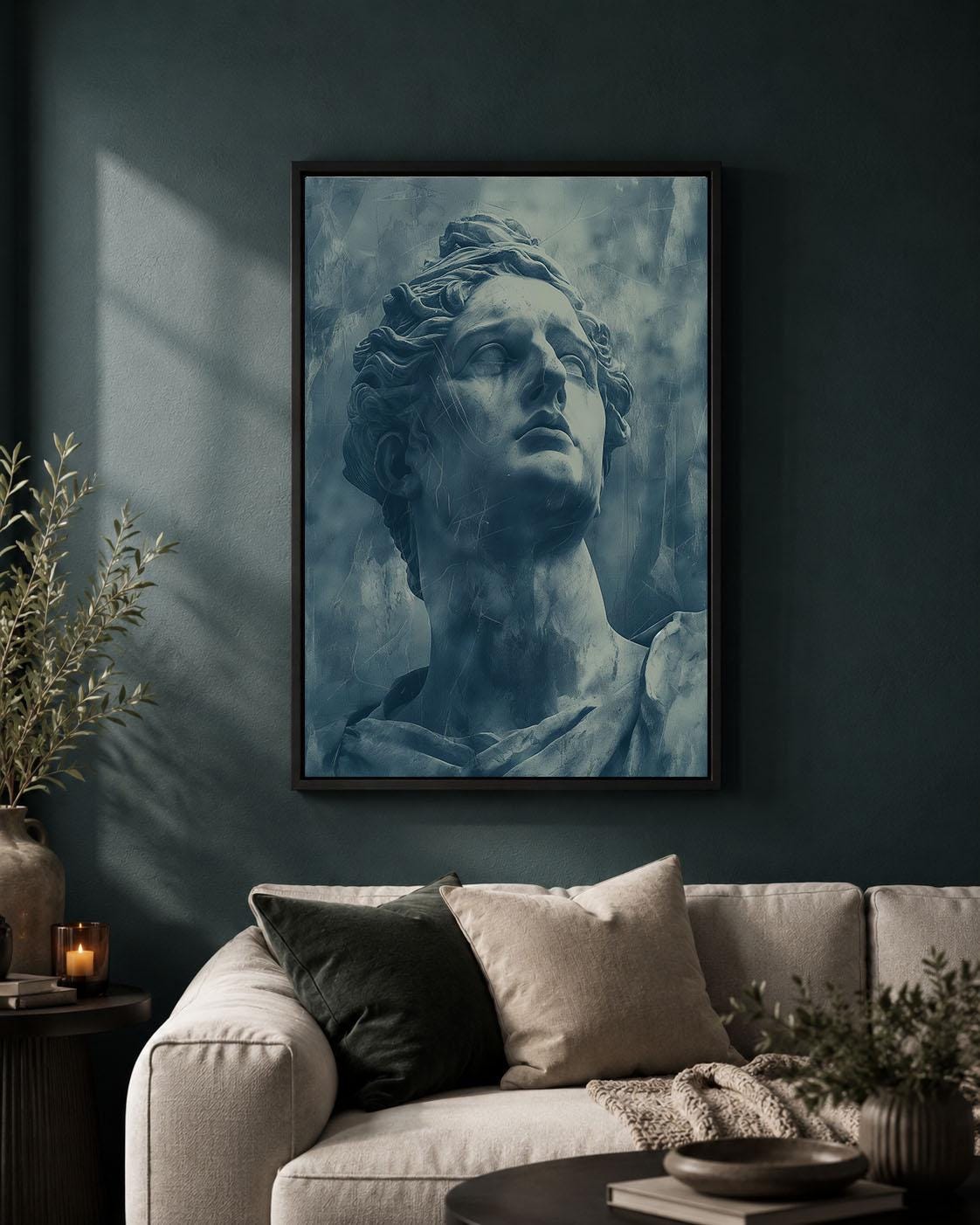 Classical Statue Blue Patina Sculpture Antique Greco Figure Framed Canvas