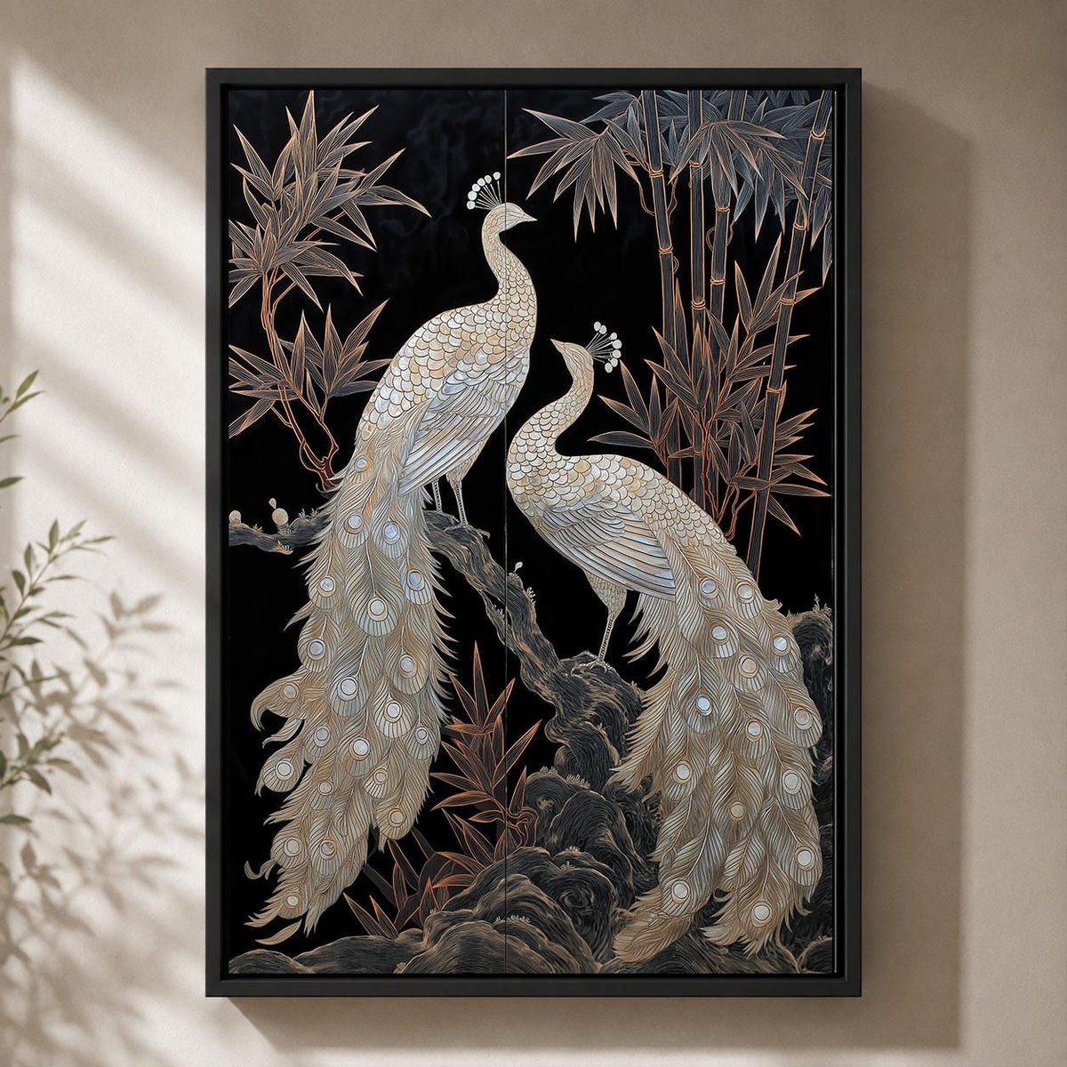 White Peacock Black and Gold Elegant Chinoiserie Oriental Framed Canvas
