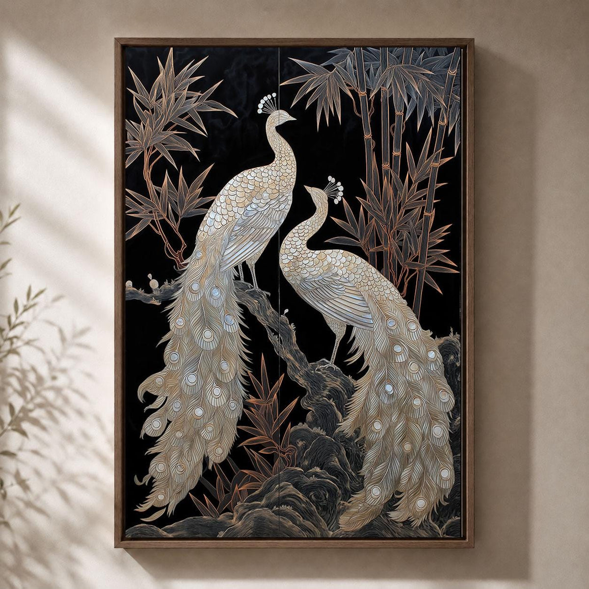 White Peacock Black and Gold Elegant Chinoiserie Oriental Framed Canvas