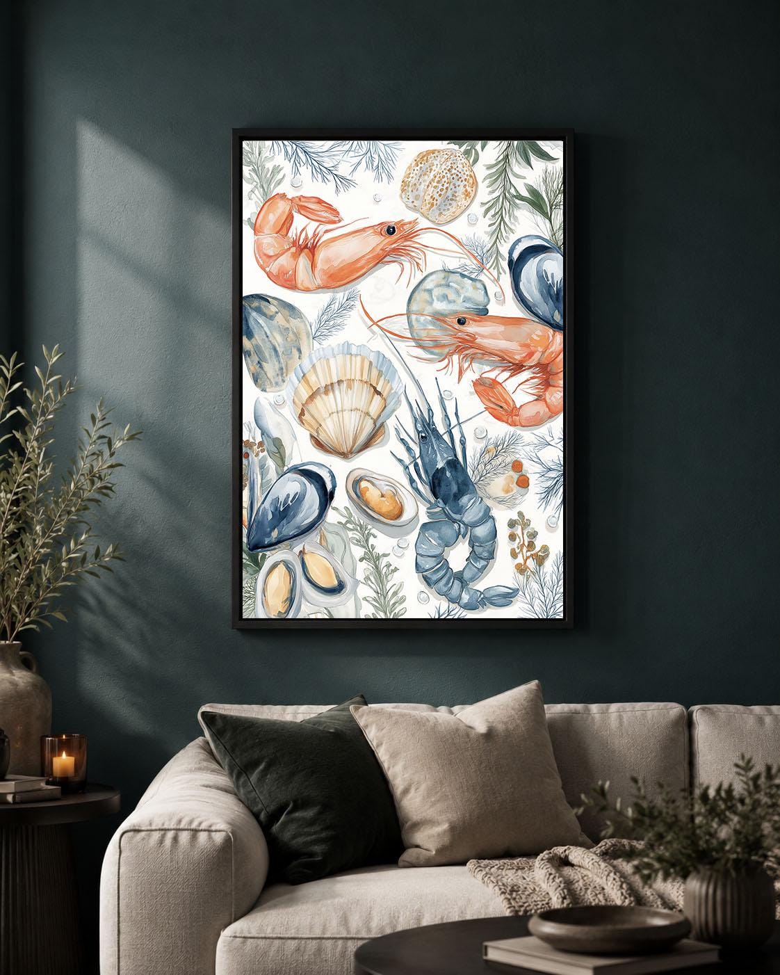Seafood Prawn, Lobster and Shellfish Watercolour Ocean Food Framed Canvas