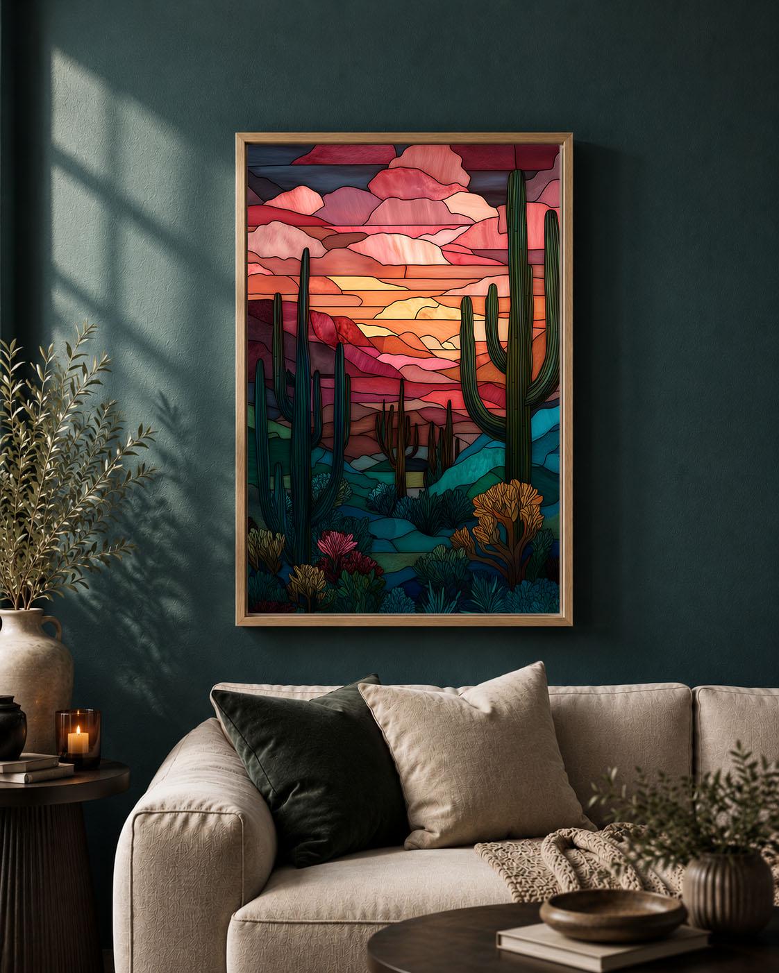 Stained Glass Effect Cactus Colourful Southwest Sunset Framed Canvas