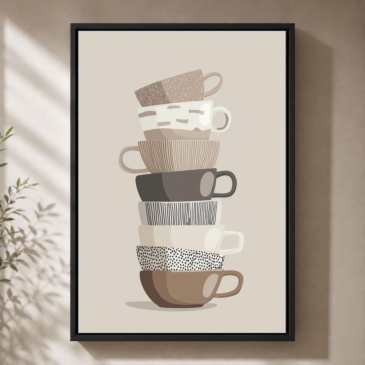 Stacked Teacups Neutral Kitchen Modern Tea and Coffee Cup Framed Canvas