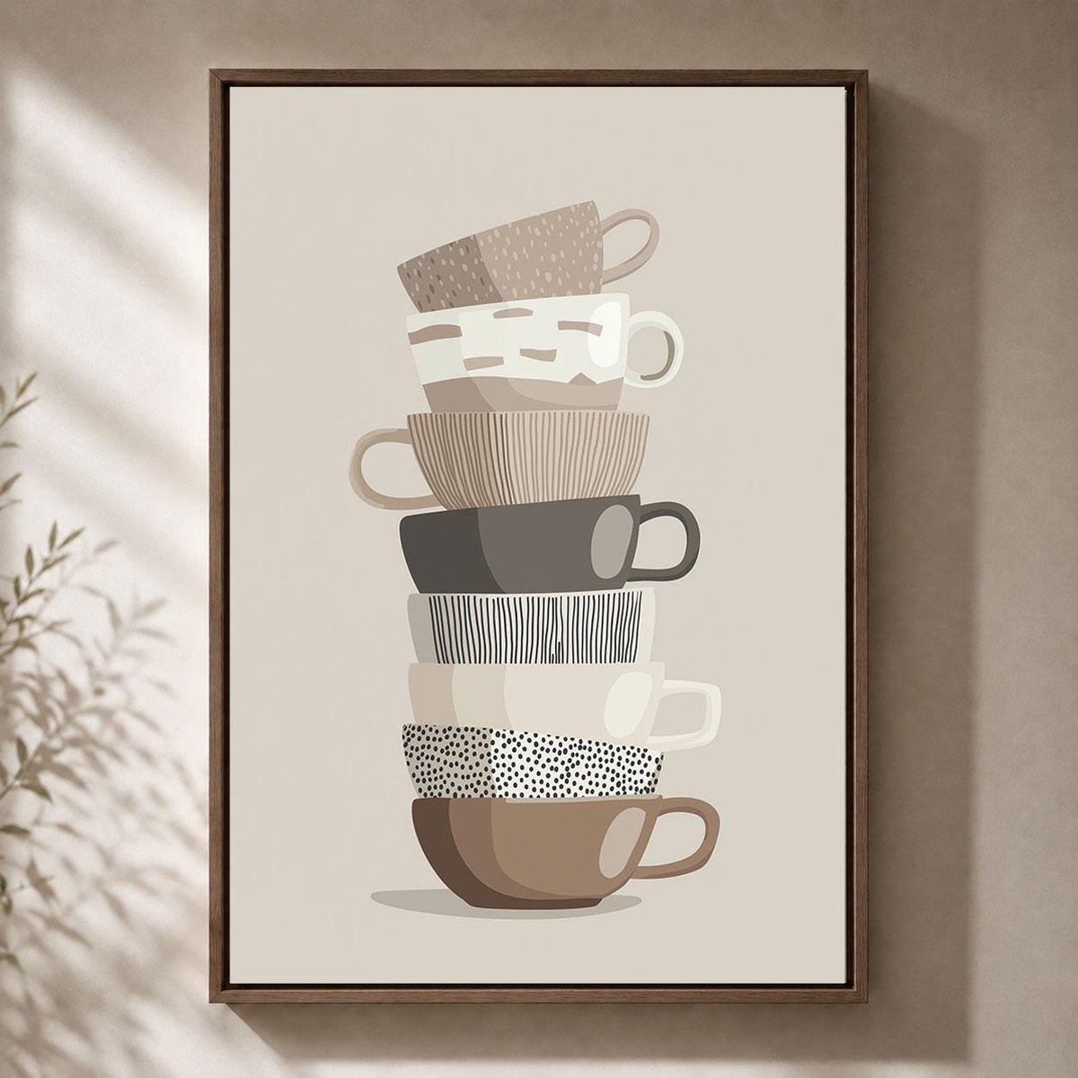 Stacked Teacups Neutral Kitchen Modern Tea and Coffee Cup Framed Canvas