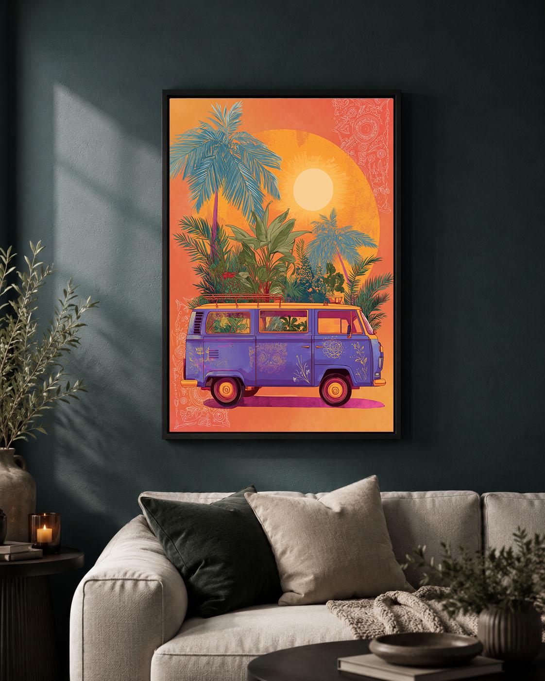Retro Campervan Colourful Tropical Orange Sunset Palm Tree Framed Canvas