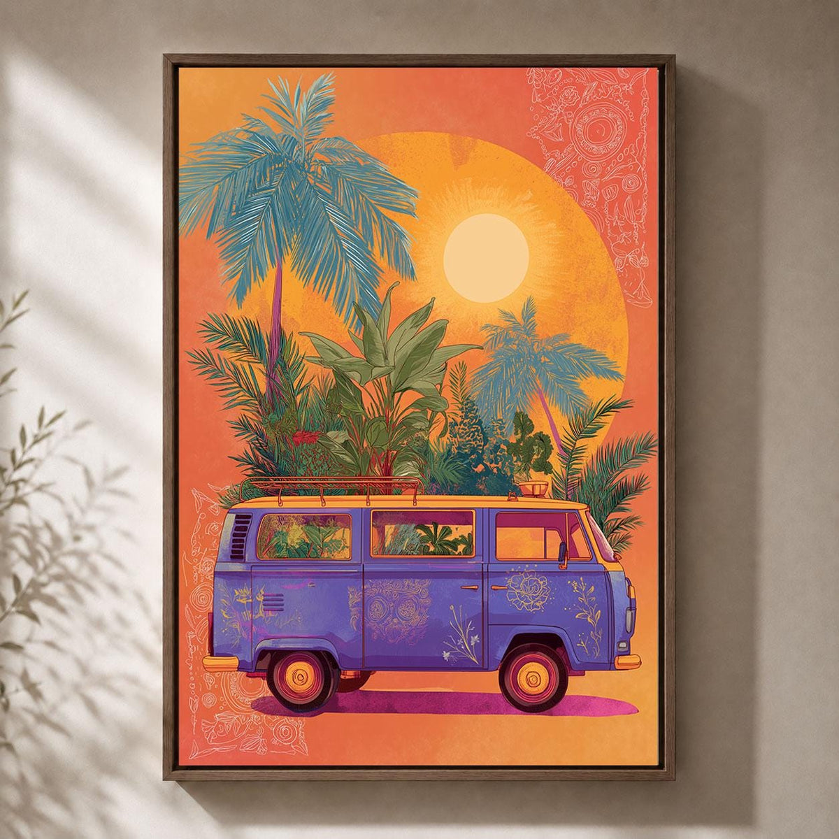 Retro Campervan Colourful Tropical Orange Sunset Palm Tree Framed Canvas