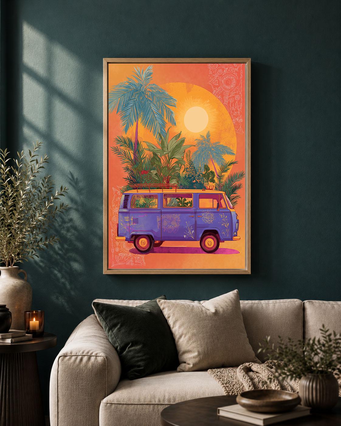 Retro Campervan Colourful Tropical Orange Sunset Palm Tree Framed Canvas