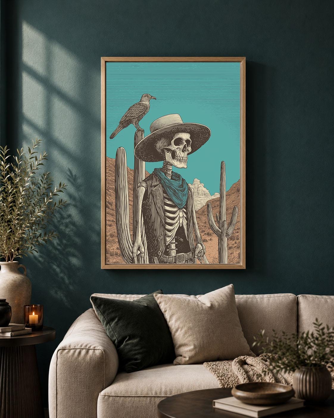 Skeleton Cowboy Western Gothic Turquoise Desert Skull Framed Canvas