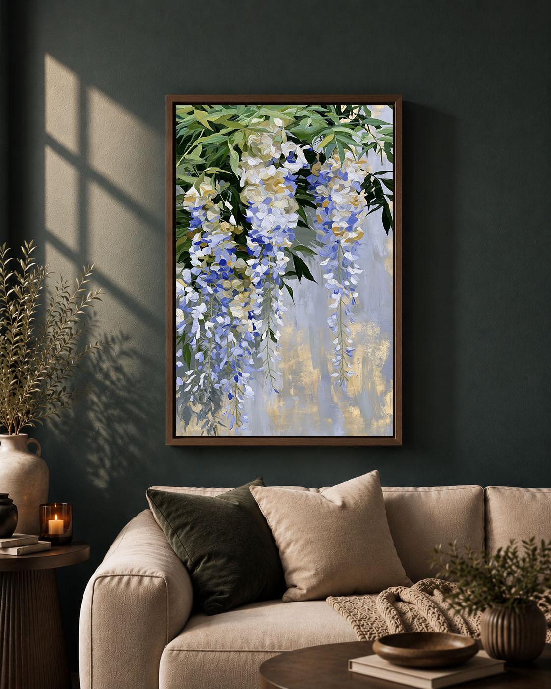 Wisteria Blue and White Floral Elegant Hanging Flower Framed Canvas