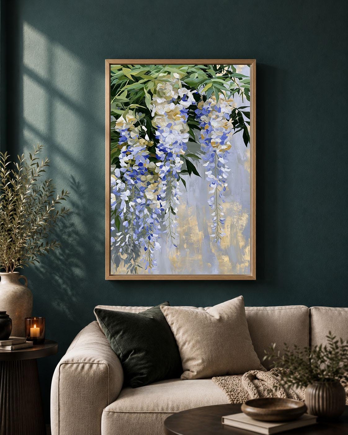 Wisteria Blue and White Floral Elegant Hanging Flower Framed Canvas