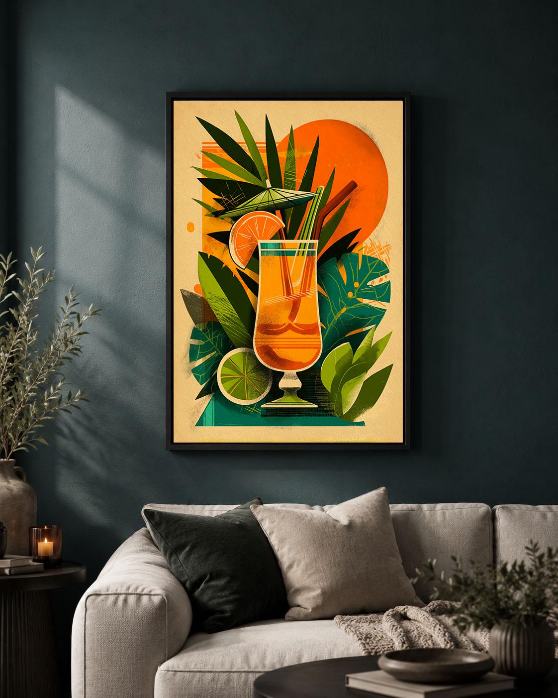 Tropical Cocktail Retro Drinks Orange Green Tiki Bar Mid Century Framed Canvas